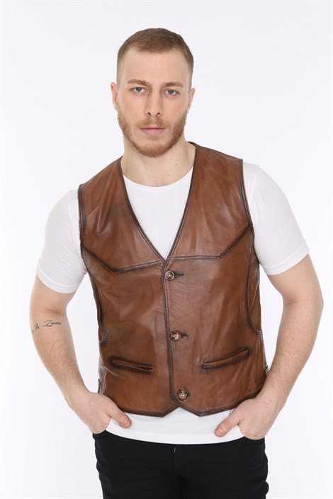 Men's Leather Vest Classic Tan Single Zipper Pocket