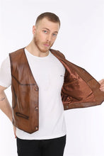 Load image into Gallery viewer, Men&#39;s Leather Vest Classic Tan Single Zipper Pocket
