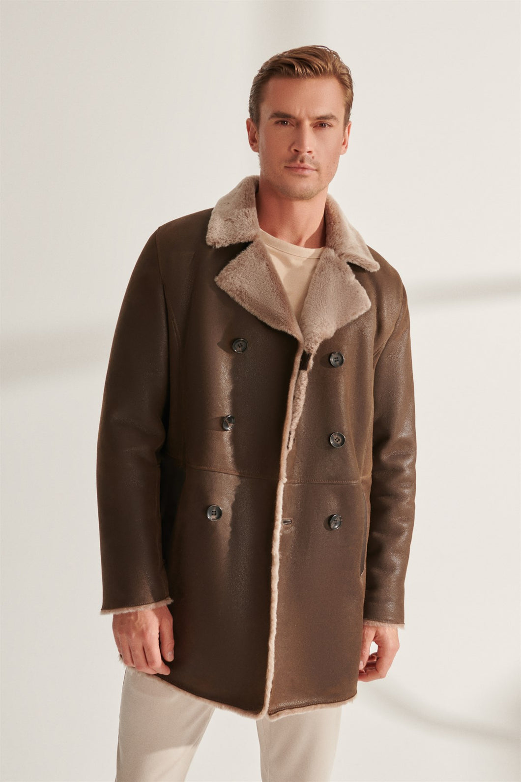 Mens Modern Brown Shearling Leather Coat