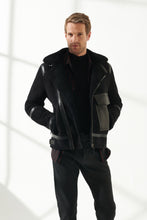 Load image into Gallery viewer, Men&#39;s Deep Black Shearling Leather Jacket
