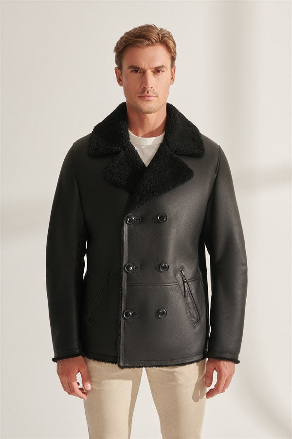 Men's Charcoal Black Shearling Leather Jacket