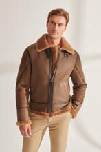 Load image into Gallery viewer, Mens Camel Brown Vintage Shearling Leather Jacket
