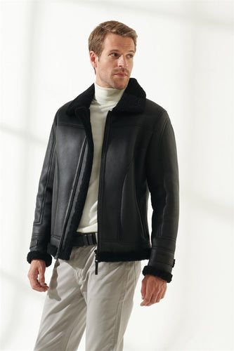 Men's Casual Black Shearling Leather Jacket