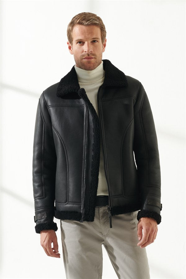 Men's Casual Black Shearling Leather Jacket
