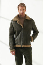 Load image into Gallery viewer, Men&#39;s Moss Green Shearling Leather Jacket
