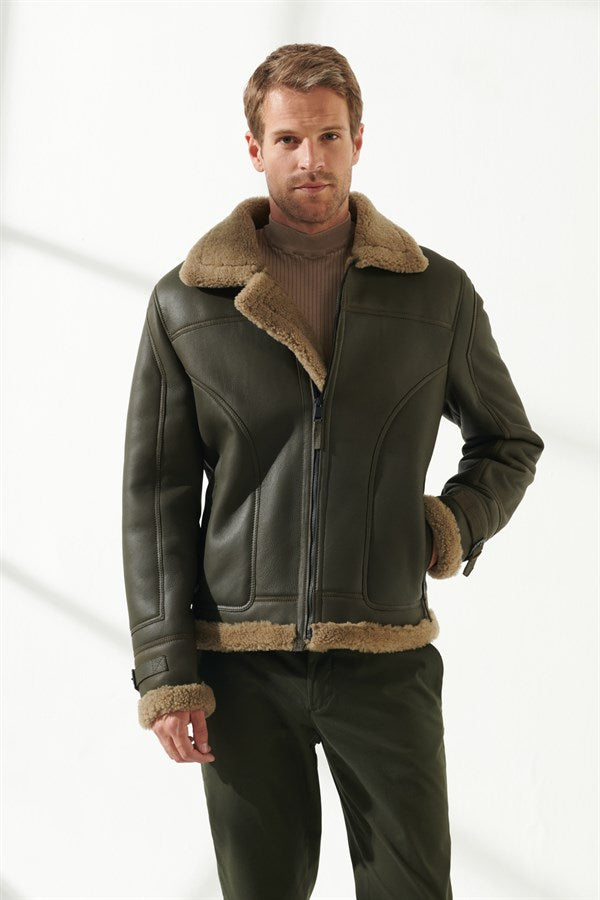 Men's Moss Green Shearling Leather Jacket