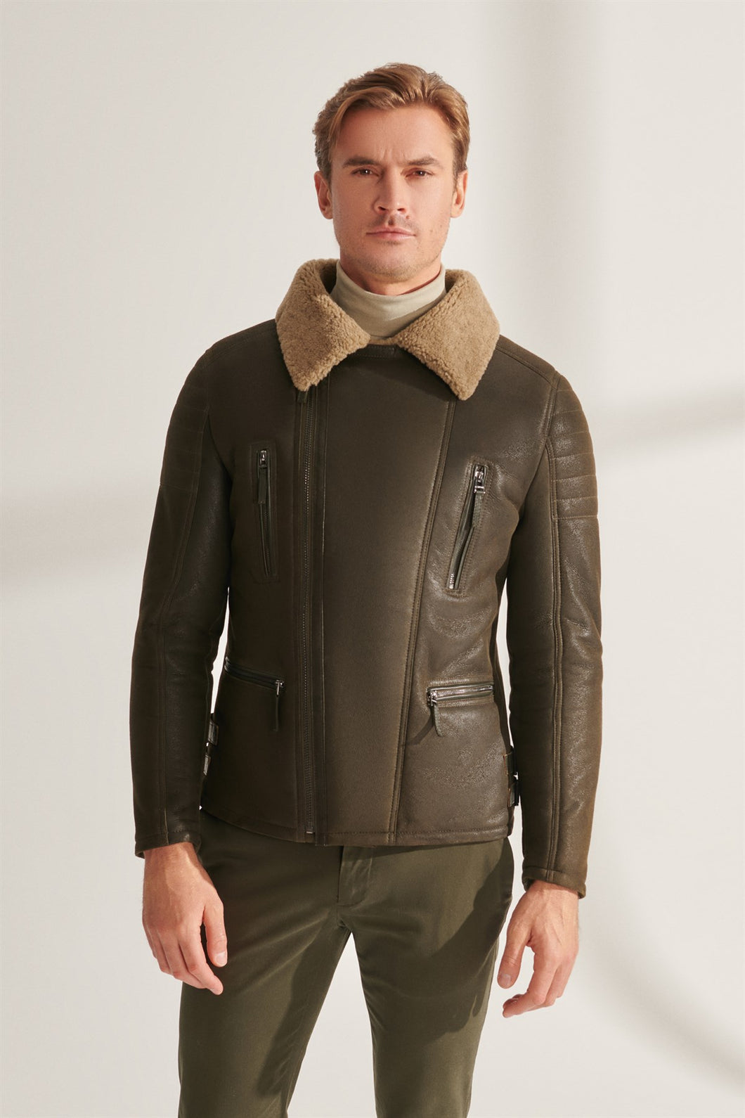 Men's Casual Moss Green Shearling Leather Jacket