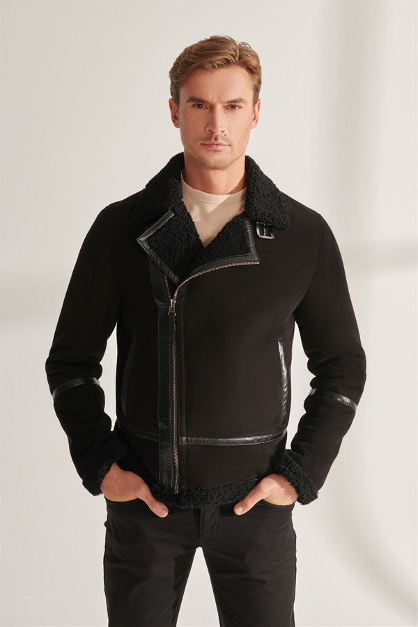 Men's Midnight Black Suede Shearling Leather Jacket