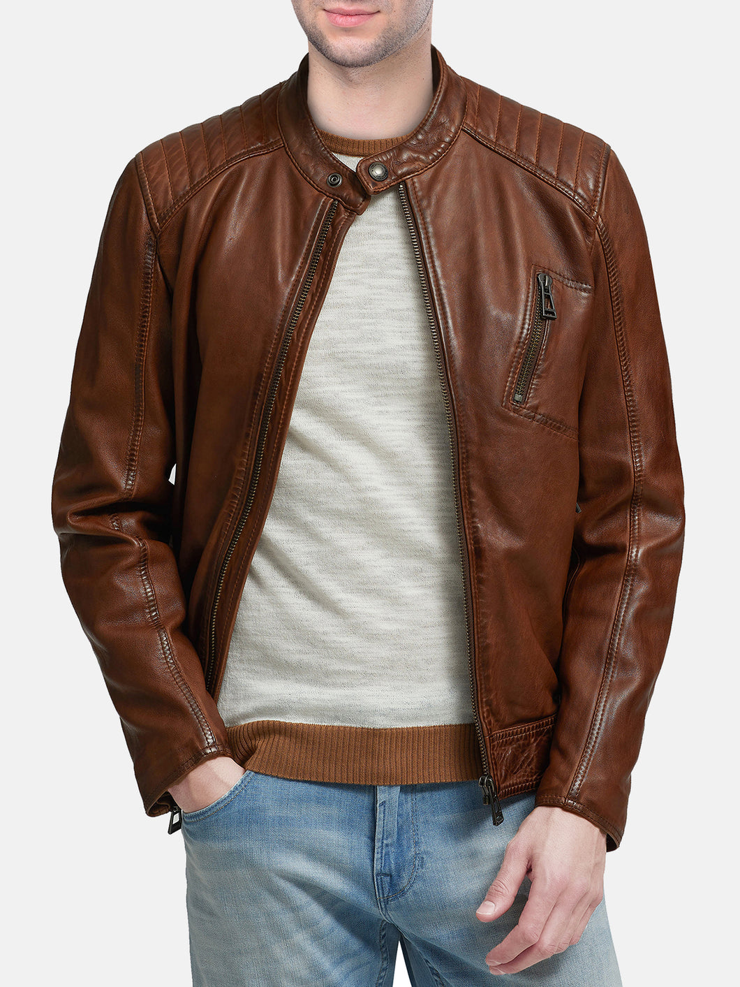 Mens Brown Real Leather Jacket - Boneshia