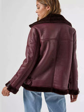 Load image into Gallery viewer, Faux Fur Shearling Leather Biker Jacket in Red
