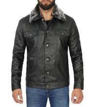 Load image into Gallery viewer, Men&#39;s Black Leather Trucker Jacket with Fur Collar
