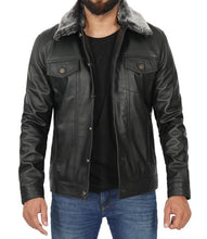 Load image into Gallery viewer, Men&#39;s Black Leather Trucker Jacket with Fur Collar
