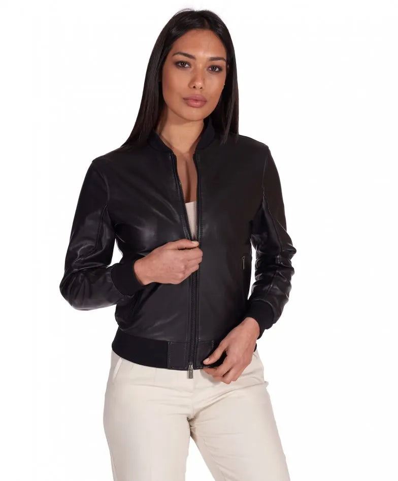 Womens Mate Black Bomber Leather Jacket