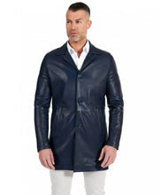 Load image into Gallery viewer, Mens Casual Blue Mid-Length Leather Coat
