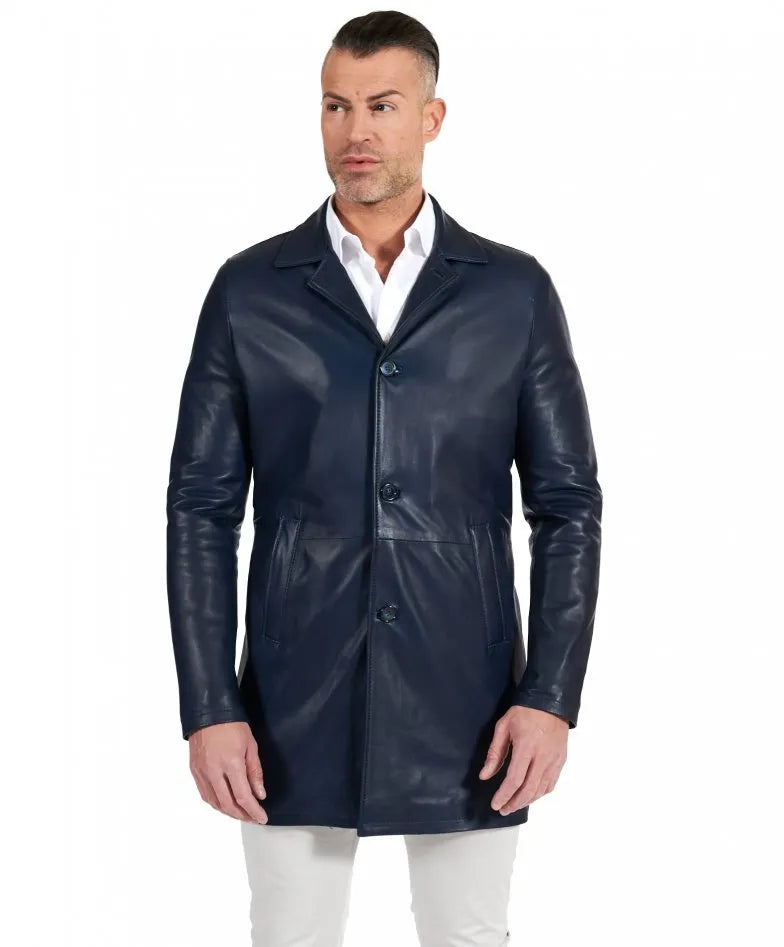 Mens Casual Blue Mid-Length Leather Coat