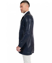 Load image into Gallery viewer, Mens Casual Blue Mid-Length Leather Coat
