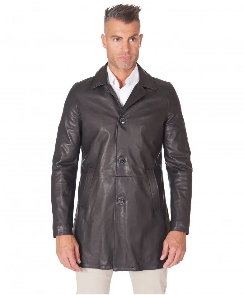 Mens Iconic Black Mid-Length Leather Coat