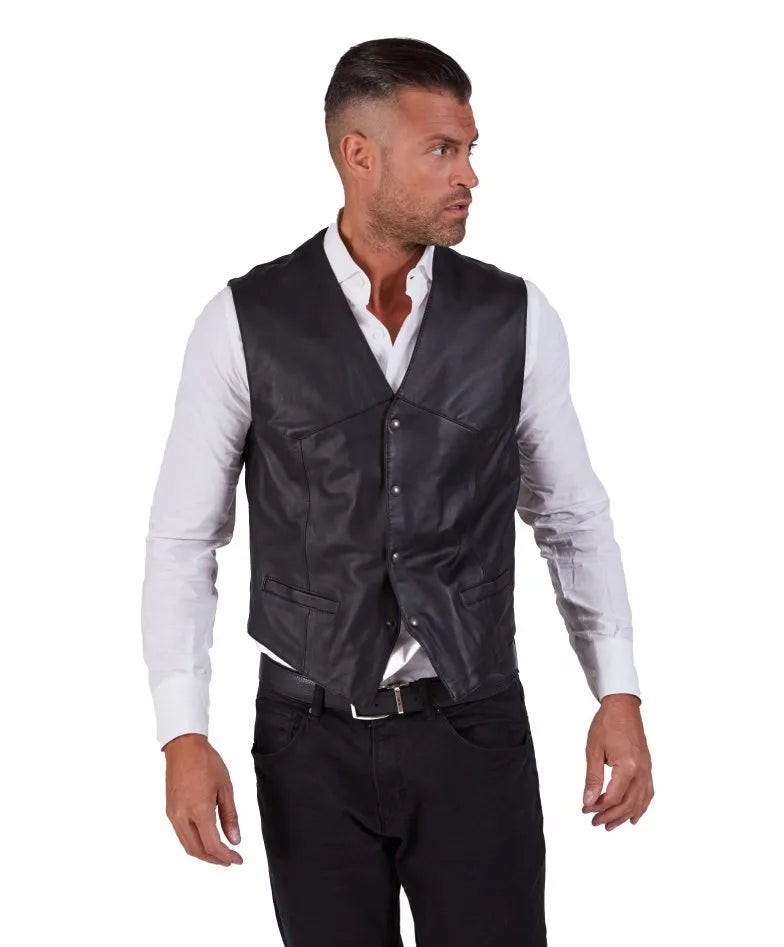 Men's Classic Black Real Leather Vest - Boneshia