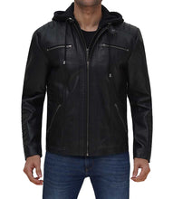 Load image into Gallery viewer, Black Cafe Racer Leather Jacket With Removable Hood – Boneshia
