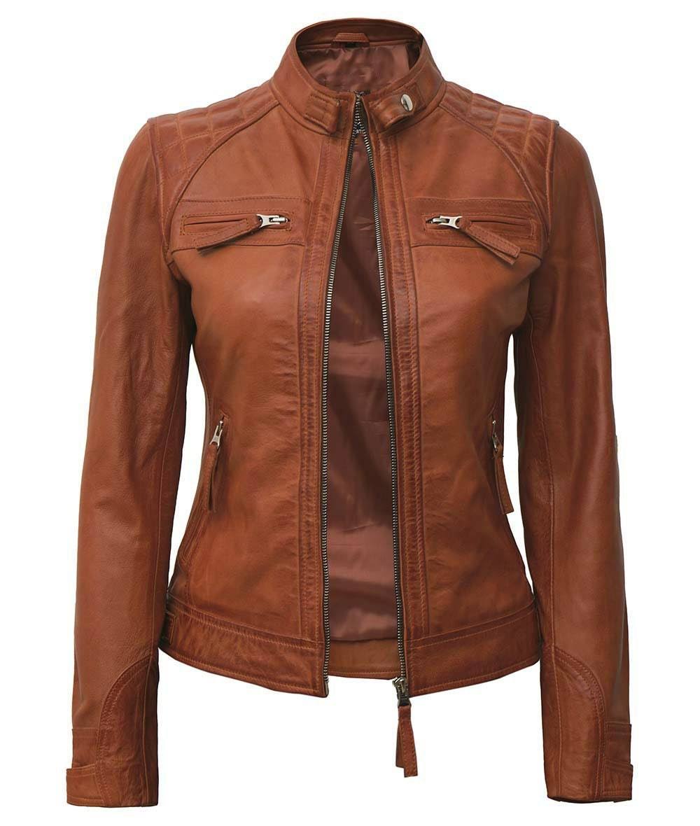 Women's Quilted Cafe Racer Leather Jacket