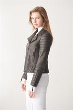 Load image into Gallery viewer, Women&#39;s Padded Black Biker Leather Jacket
