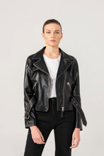 Load image into Gallery viewer, Womens White Stitched Black Biker Leather Jacket
