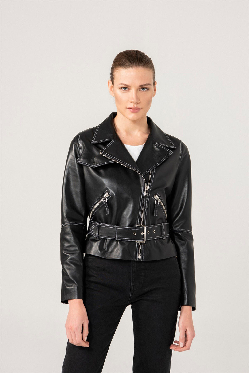 Womens White Stitched Black Biker Leather Jacket
