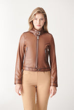 Load image into Gallery viewer, Womens Slimfit Brown Biker Leather Jacket
