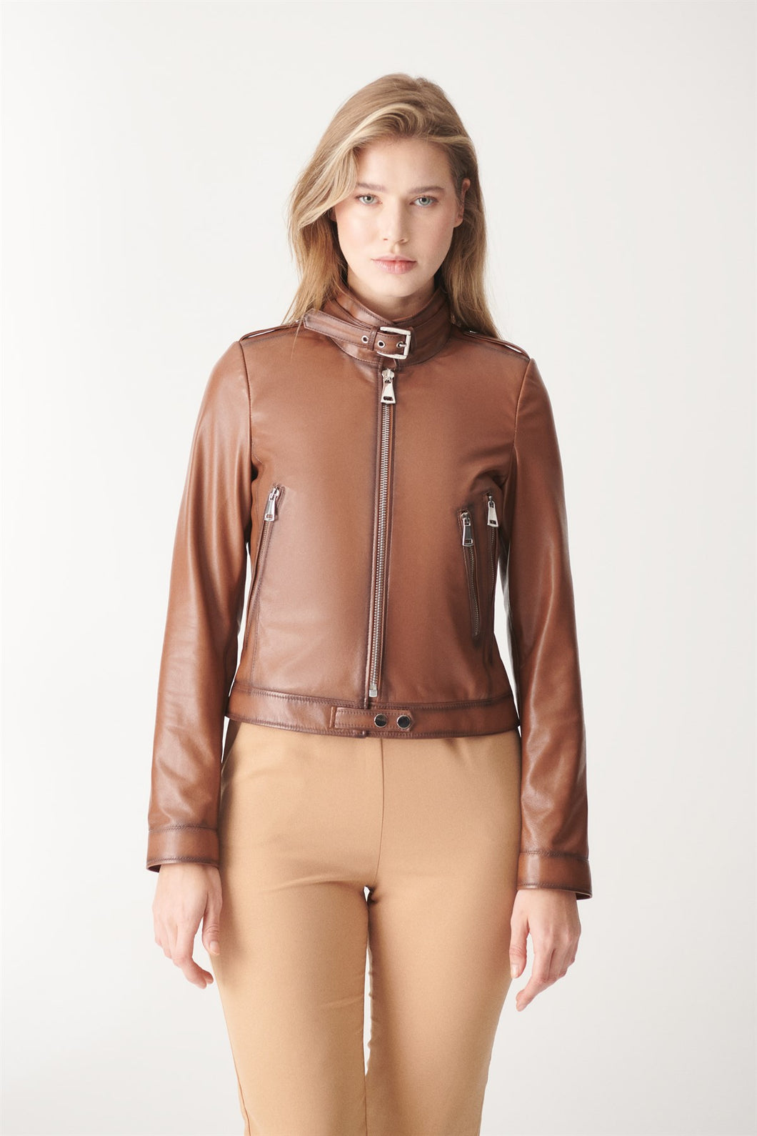 Womens Slimfit Brown Biker Leather Jacket
