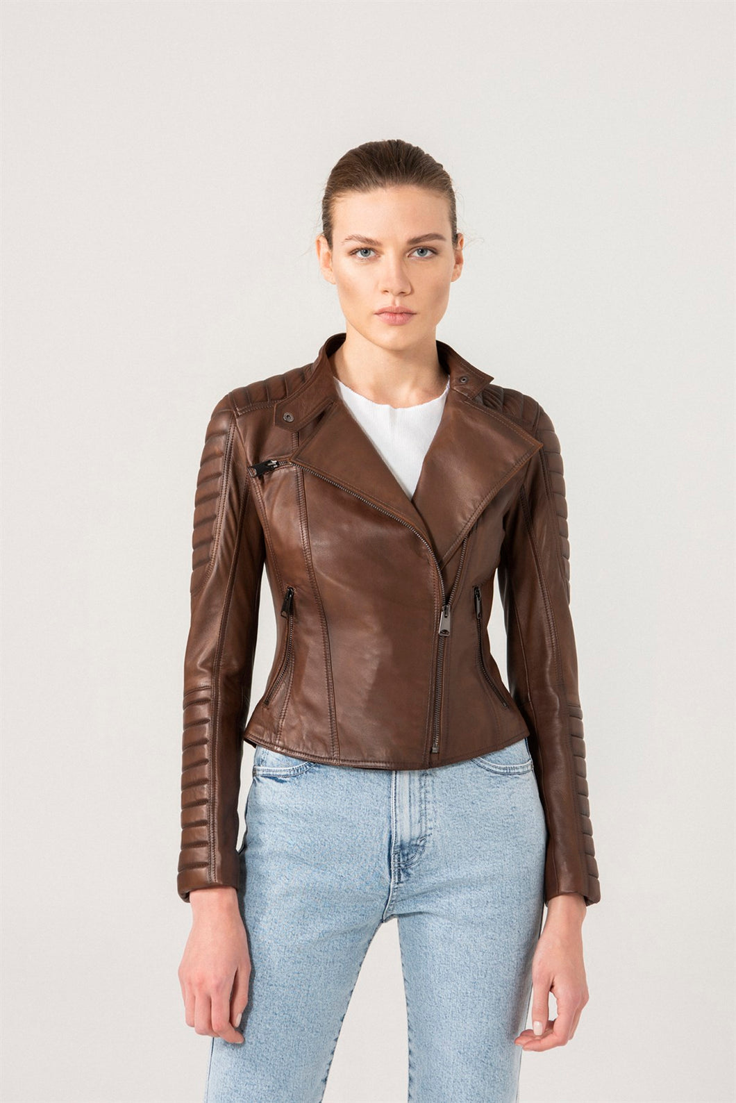 Womens Quilted Brown Biker Leather Jacket