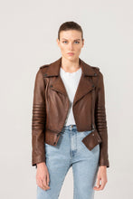 Load image into Gallery viewer, Womens Fitted Brown Biker Leather Jacket
