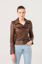 Load image into Gallery viewer, Womens Fitted Brown Biker Leather Jacket

