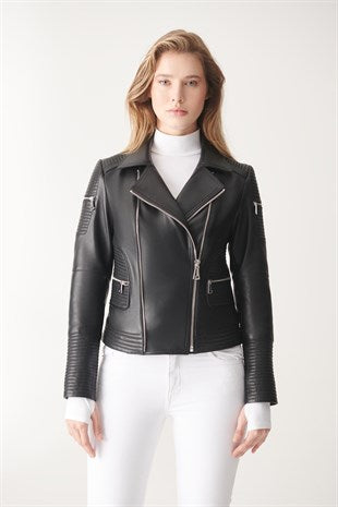 Women's Quilted Black Biker Leather Jacket