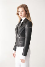 Load image into Gallery viewer, Women&#39;s Quilted Black Biker Leather Jacket
