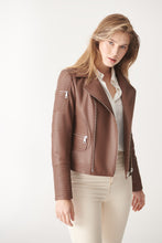 Load image into Gallery viewer, Womens Tan Brown Biker Leather Jacket
