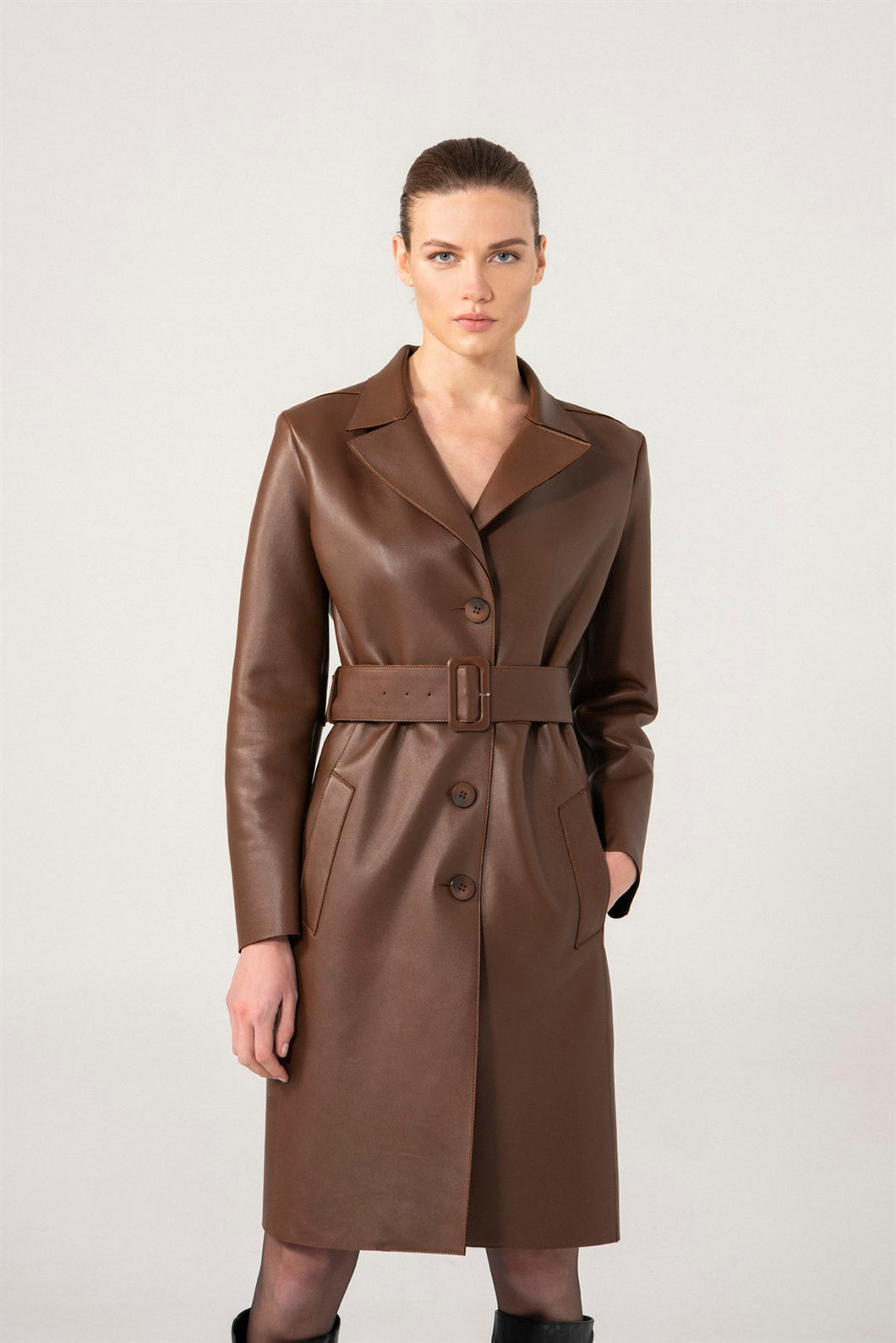 Womens Choco Brown Trench Leather Coat
