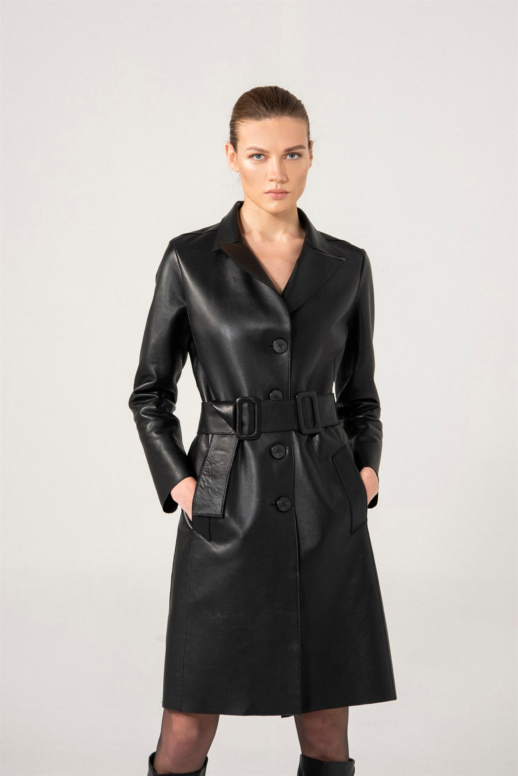 Womens Smooth Black Trench Leather Coat