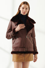 Load image into Gallery viewer, Women&#39;s Maroon Oversized Shearling Leather Jacket
