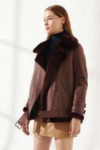 Load image into Gallery viewer, Women&#39;s Maroon Oversized Shearling Leather Jacket
