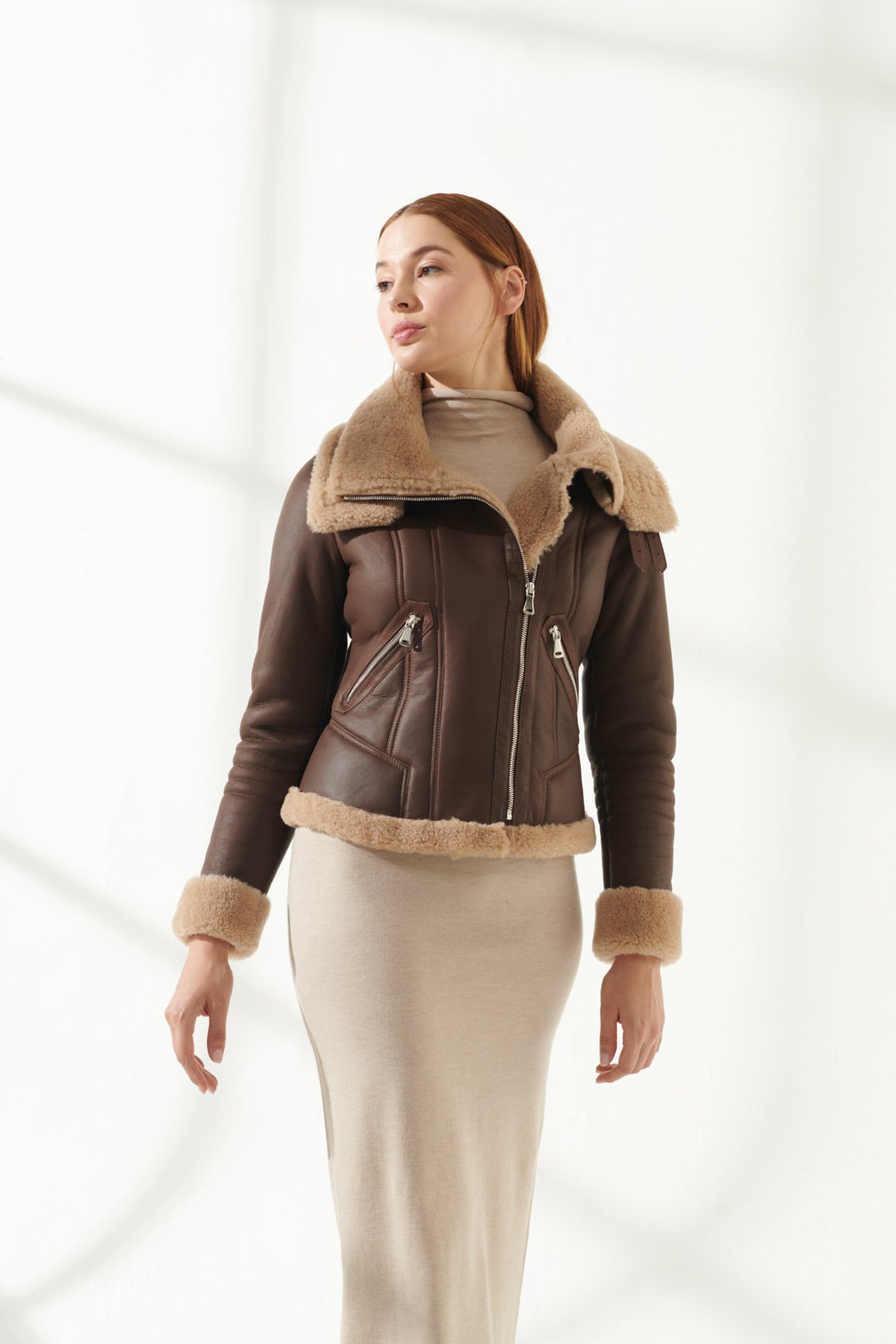 Women's Brown Double Collar Shearling Leather Jacket
