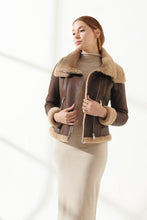 Load image into Gallery viewer, Women&#39;s Brown Double Collar Shearling Leather Jacket
