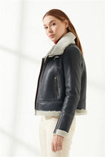 Load image into Gallery viewer, Women&#39;s Navy Blue Shearling Leather Jacket
