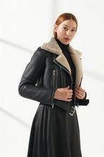 Load image into Gallery viewer, Women&#39;s Black Short Length Shearling Leather Jacket
