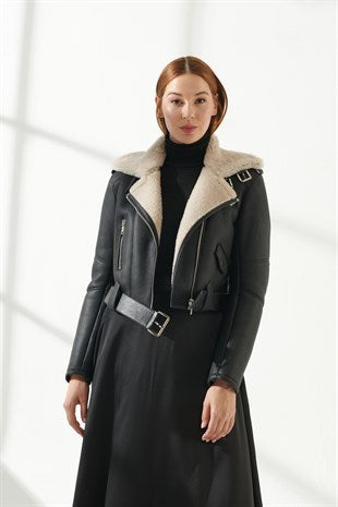 Women's Black Short Length Shearling Leather Jacket