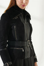 Load image into Gallery viewer, Women&#39;s Jet Black Suede Shearling Leather Jacket
