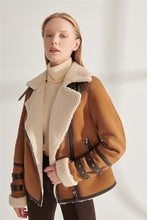 Load image into Gallery viewer, Women&#39;s Tan Suede Shearling Leather Jacket
