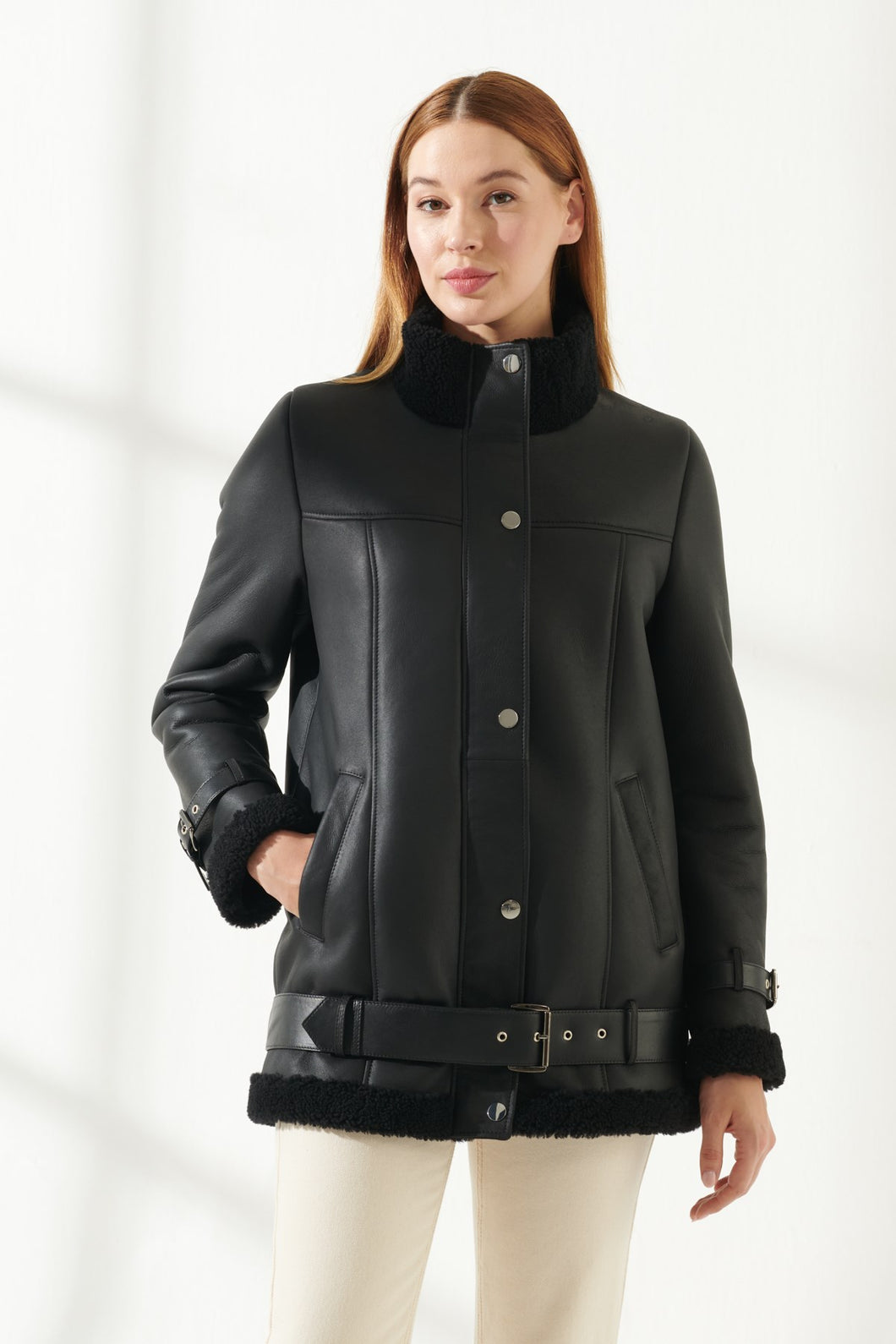Women's Casual Black Oversized Shearling Leather Jacket