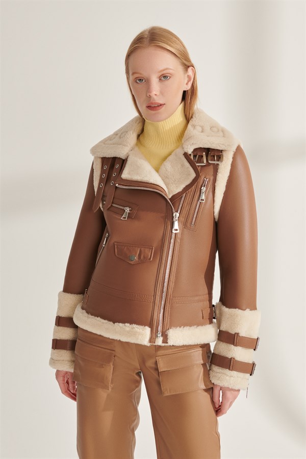 Women's Sports Brown Shearling Leather Jacket