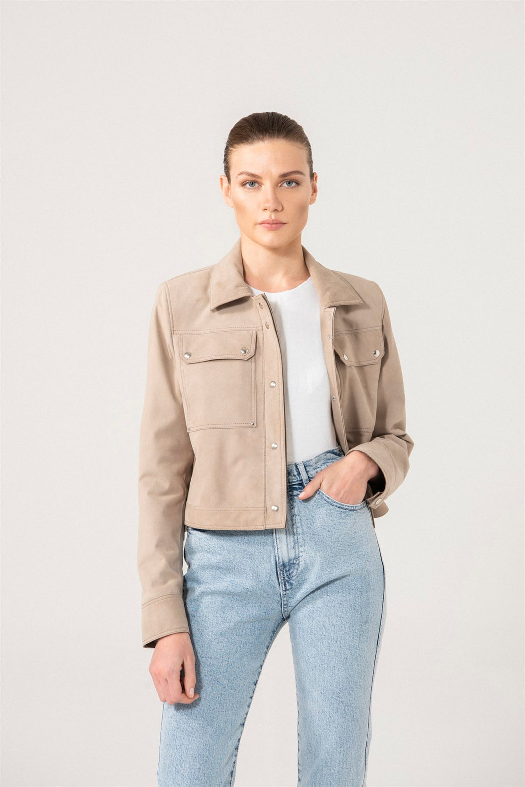Womens Beige Denim Style Suede Leather Jacket