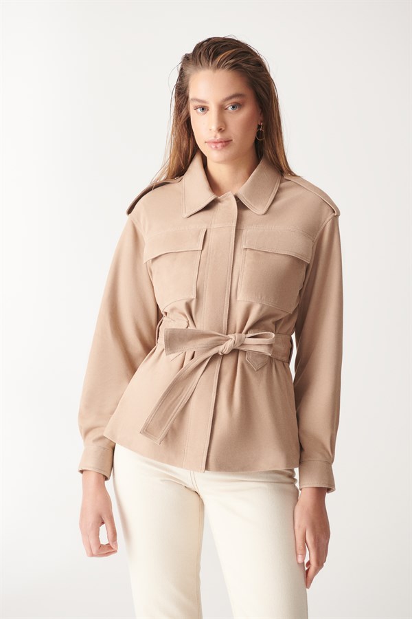 Womens Beige Long Length Suede Leather Jacket